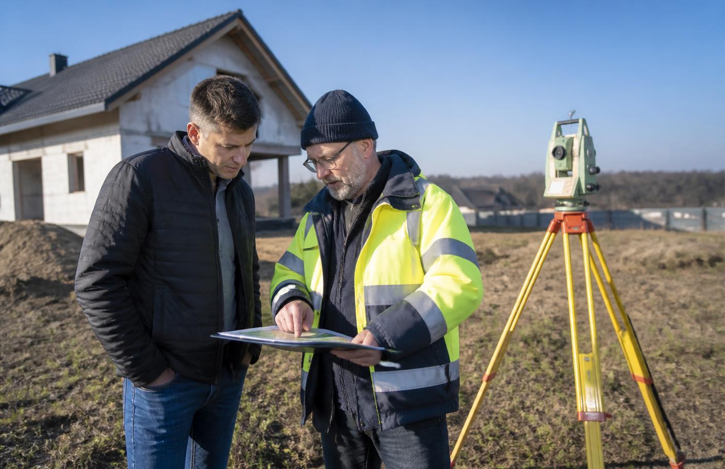 Geodeta omawia mapę działki z prywatnym inwestorem