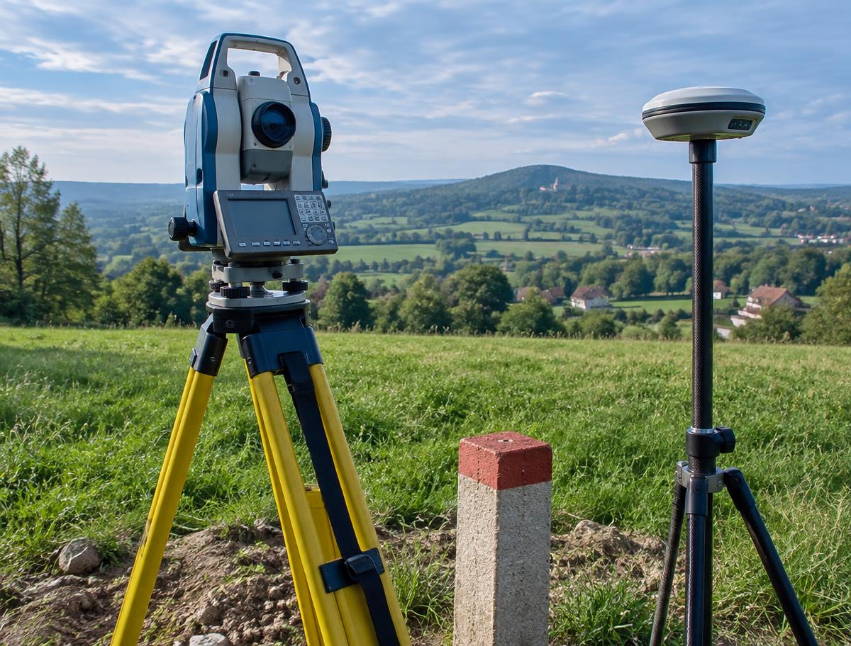 Tachimetr i odbiornik GNSS przygotowane do pomiaru granic działki